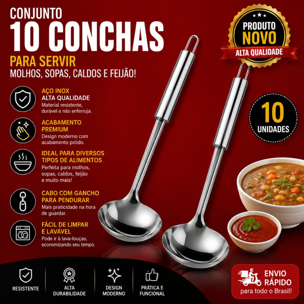Conjunto10 e 5 Concha Para Servir Molho Feijão Sopa Caldos Utensílios Metal Aço Inox Cozinha SQ 3722