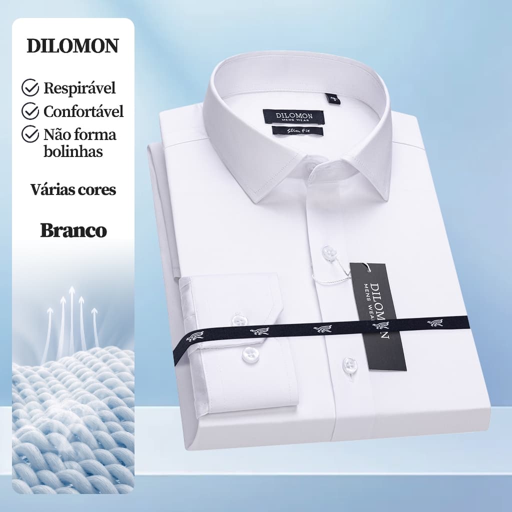 Dilomon Camisa Social Masculina - Trabalho e Lazer - Não Amassa Slim Fit - Manga Longa Lisa - Dilomon