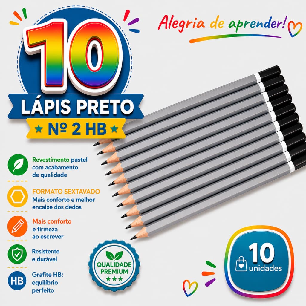 10 Lápis Preto Classic HB da Marca Acrilex em Formato Sextavado Escrever Grafite Macia Resistente
