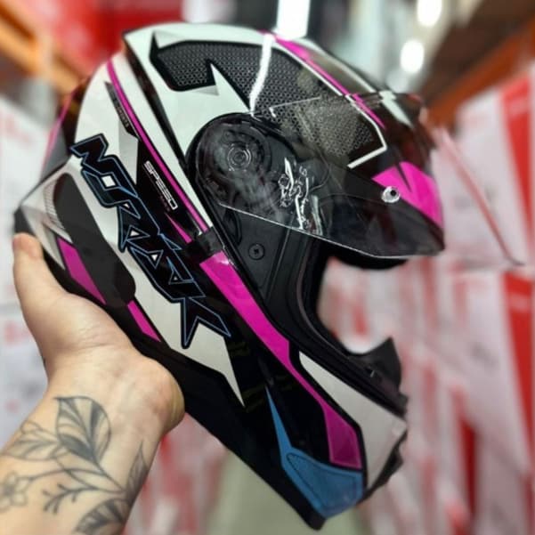 CAPACETE NORISK RAZOR SPEEDMAX ROSA/AZUL ORIGINAL OFERTA + VISEIRA CRISTAL