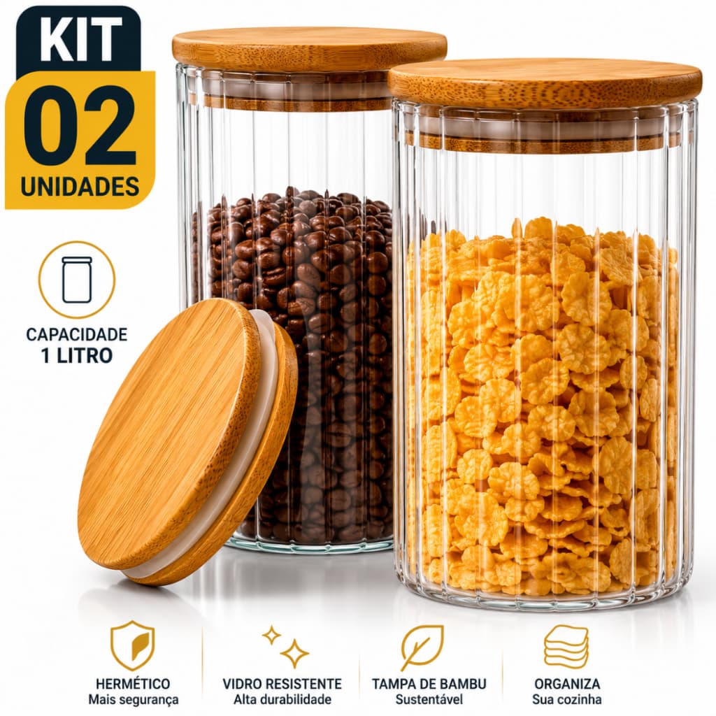 Kit 2 Potes Vidro 1L Tampa Bambu Hermético Organizador Mantimentos Café Açúcar Cozinha Premium