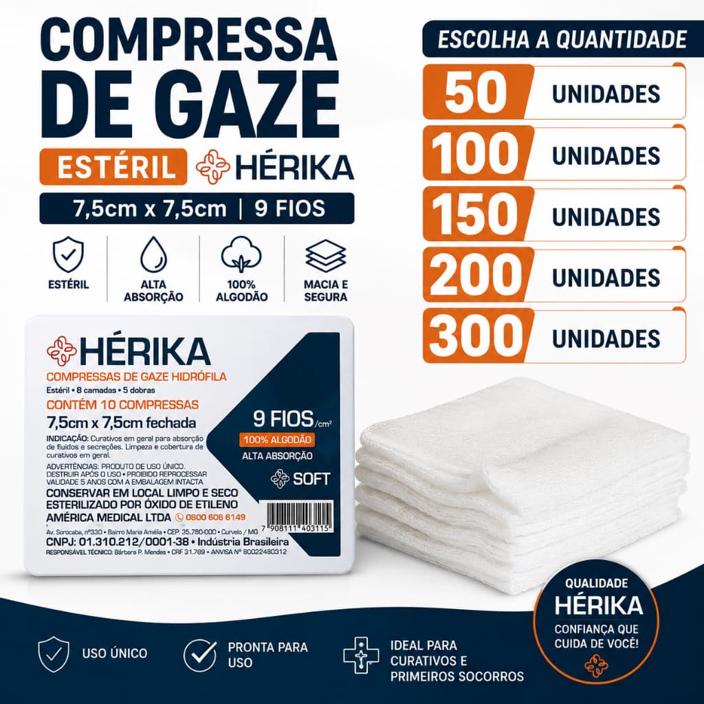 Compressa de Gaze Estéril Herika 7,5x7,5cm 9 Fios Pacote com 10 Unidades Curativo e Primeiros Socorros