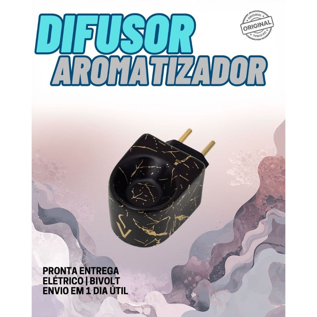 Kit Difusor Aromatizador Elétrico Bivolt Porcelana Preto Marmorizado Óleos Essencias Stone Via Aroma