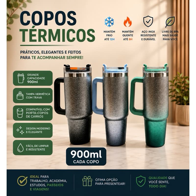 Copo Térmico Diamond 900ml com Alça e Canudo Inox – Glitter Degradê Azul, Parede Dupla,Gelado, Quente,PRODUTO REEMBALADO