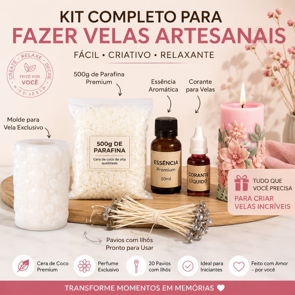 KIT Fabricação Velas Completo Molde Parafina Pavio Cera