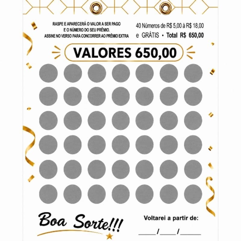 Cartela de Raspadinha com 40 Números e Valores para Sorteios