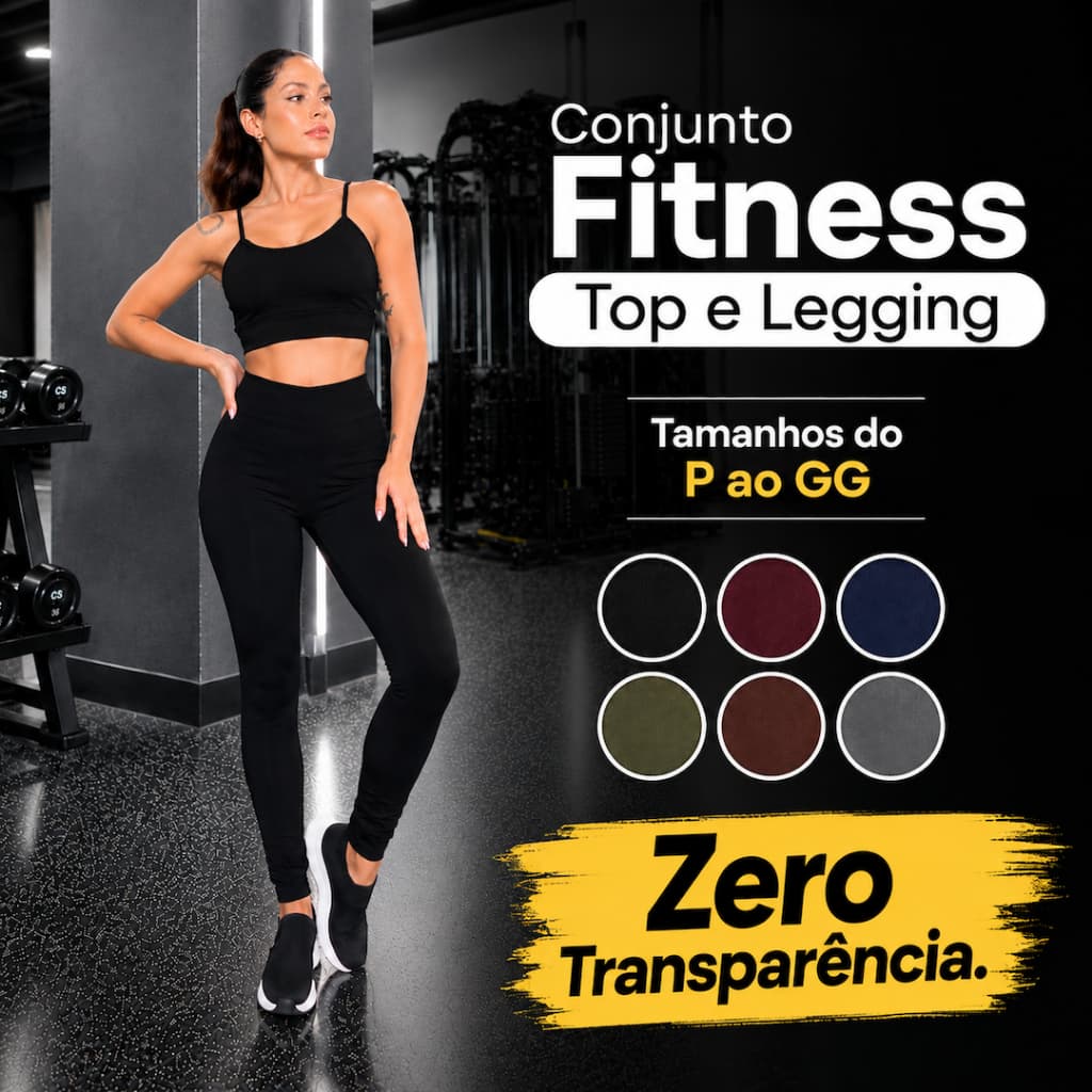 Conjunto Academia Top Alta Sustentação Fitness e Legging Cintura Alta Zero Transparência Suplex Grosso