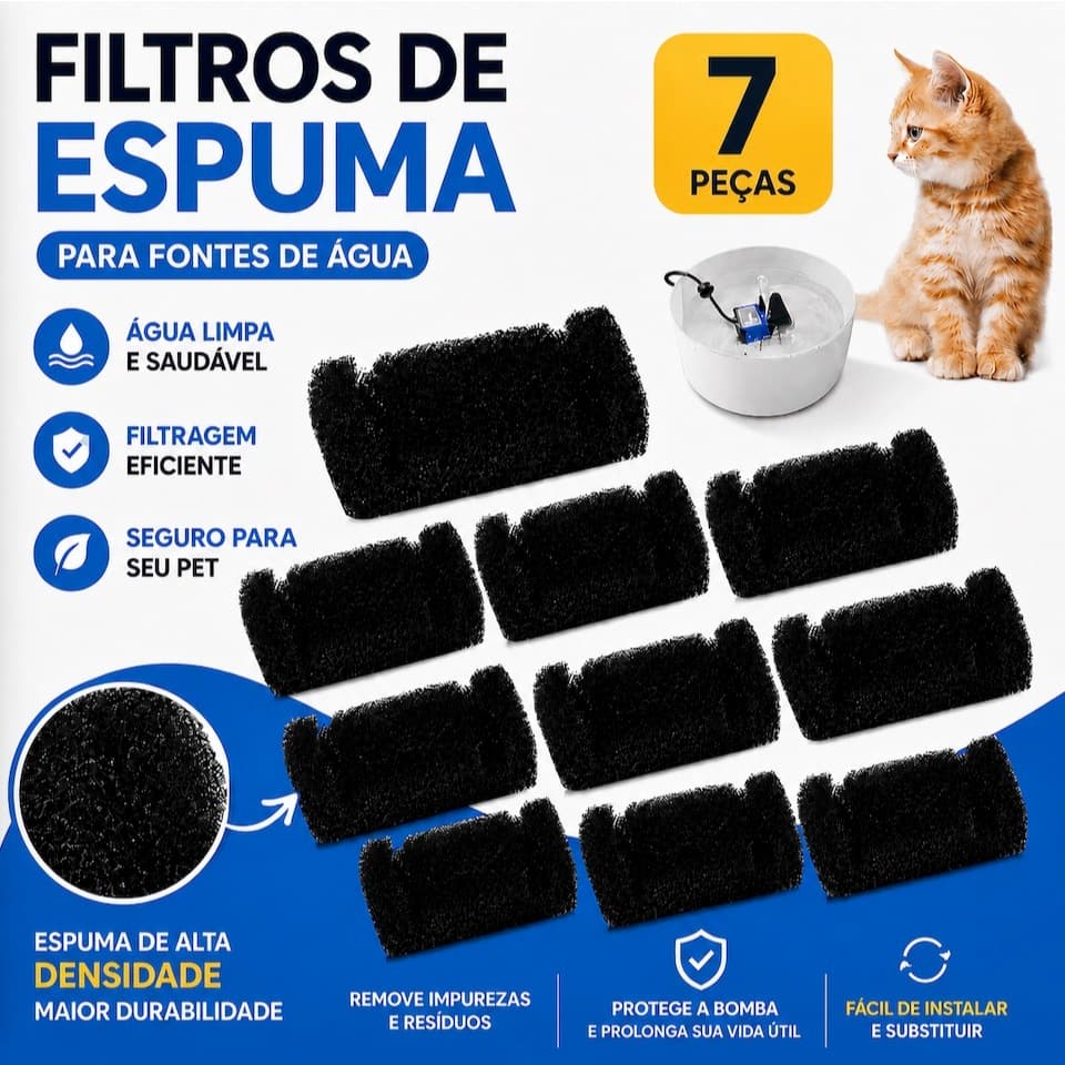 Kit 7 Filtro de Espuma Para Bebedouro Gatos Pet Animais Substituição Refil Fonte Água