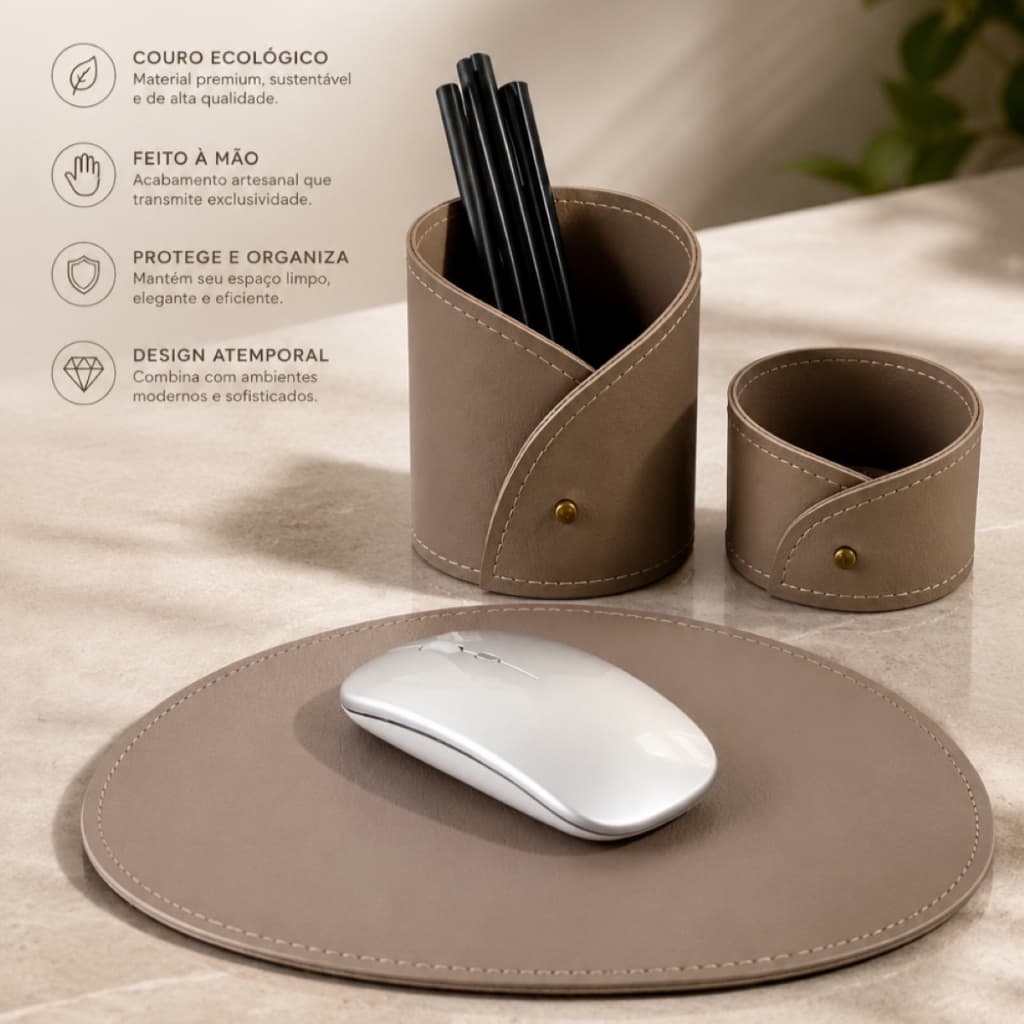 Kit Organizador de Mesa em Couro Ecológico Premium com Mouse Pad, Porta-Canetas e Porta-Clipes