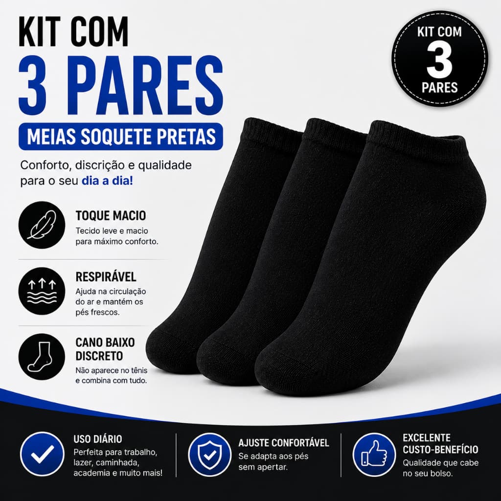 Kit 3 Pares Meia Soquete Preta Unissex Algodão Cano Baixo Confortável Academia Trabalho