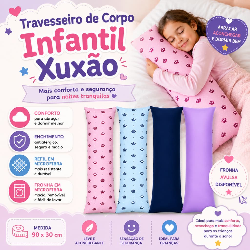 Travesseiro de corpo Xuxão Infantil e Adulto 90 cm x 30 cm ou Fronha Avulsa c/ ziper Leia o Anuncio