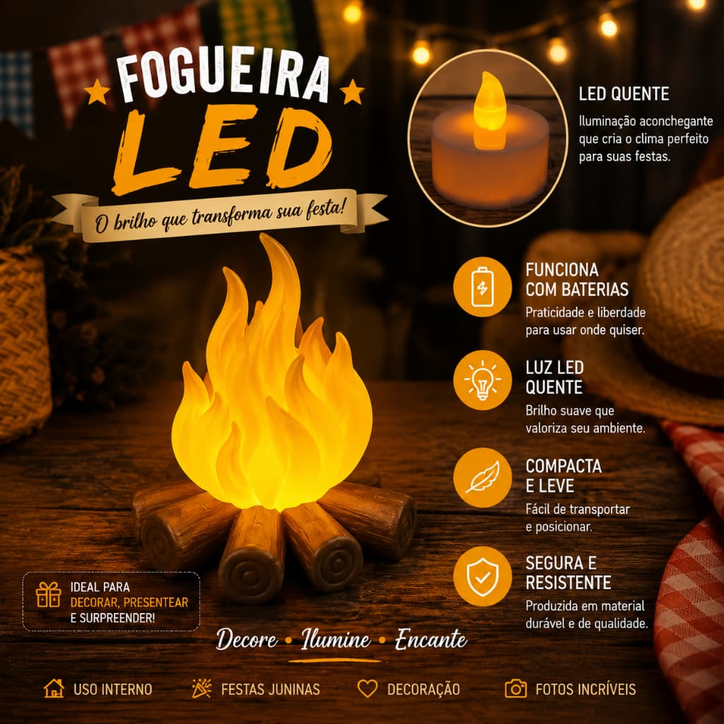 Fogueira LED Decoração Festa Junina de Mesa com Luz Quente a Bateria Enfeite Temático impressão 3D