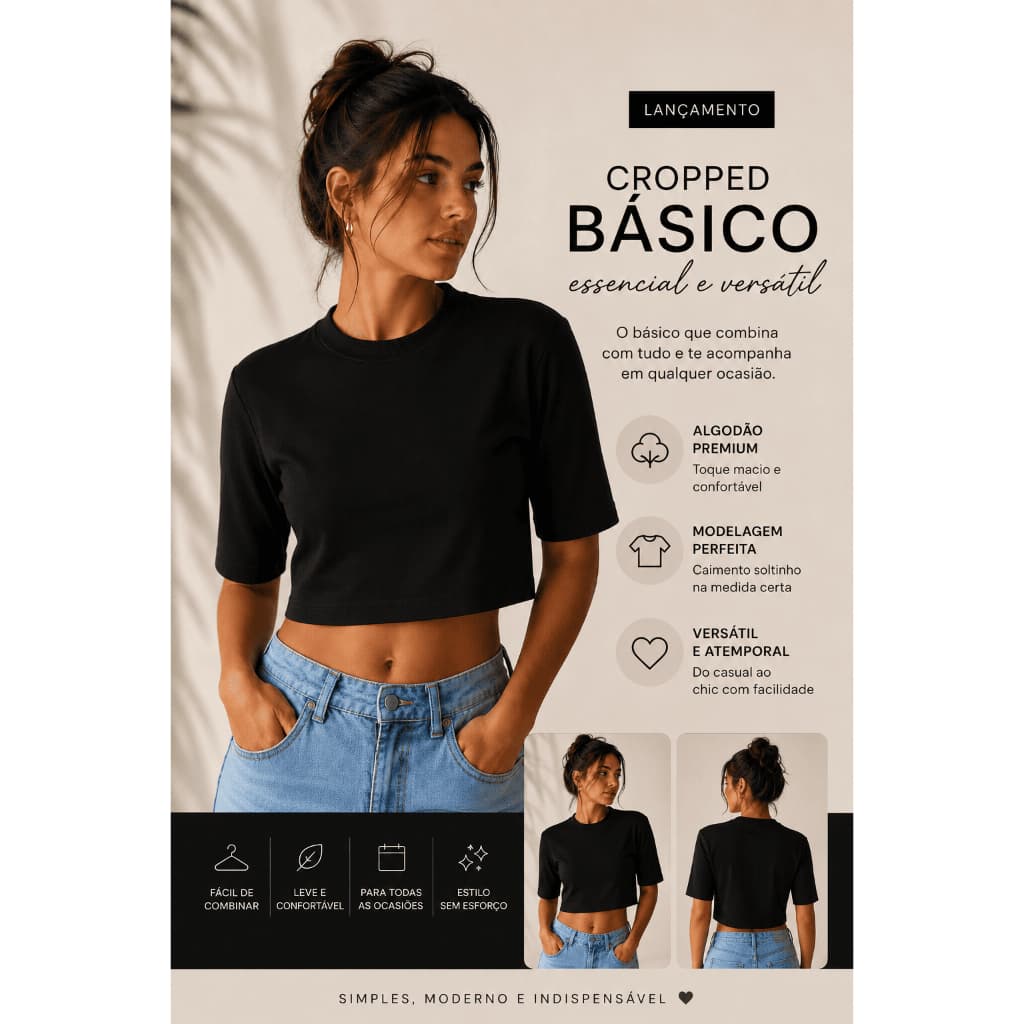 Cropped Feminino Oversized Liso Meia Manga P ao GG Básico