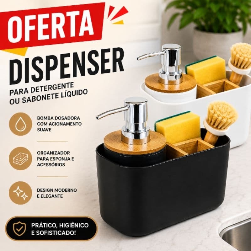 Dispenser Sabonete Líquido Detergente Organizador Banheiro Cozinha Bancada Pia Design Bambu Moderno Porta Escova