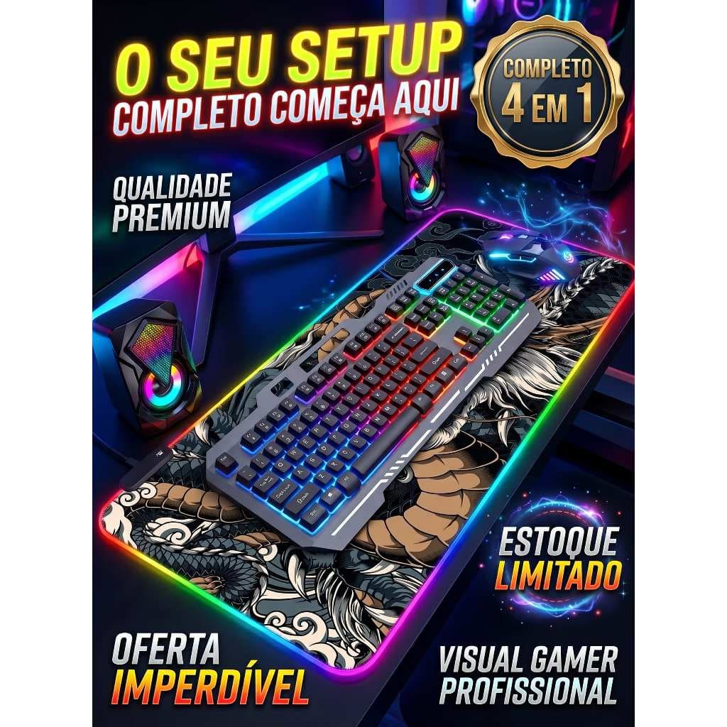 Kit Gamer Completo: Mouse RGB + Mousepad Dragão + Teclado Mecânico + Caixa De Som