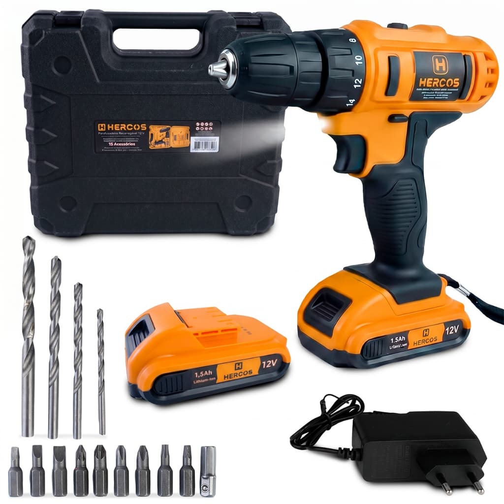 Parafusadeira E Furadeira 12v Sem Fio Kit Maleta 15 Acessórios Bivolt Recarregável Hercos