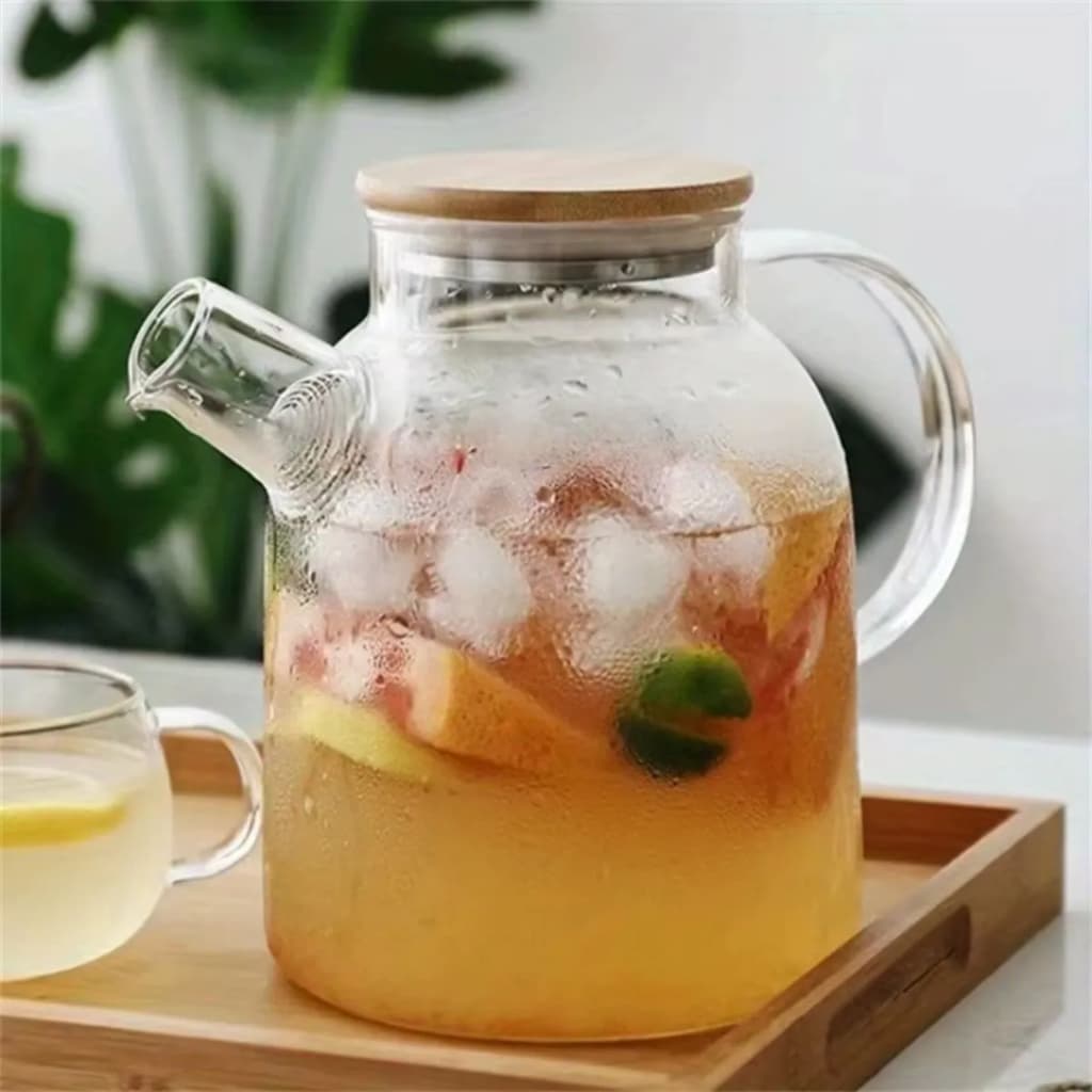 Chaleira de Vidro com Tampa de Bambu 1,6L com coador no bico Vai no fogo