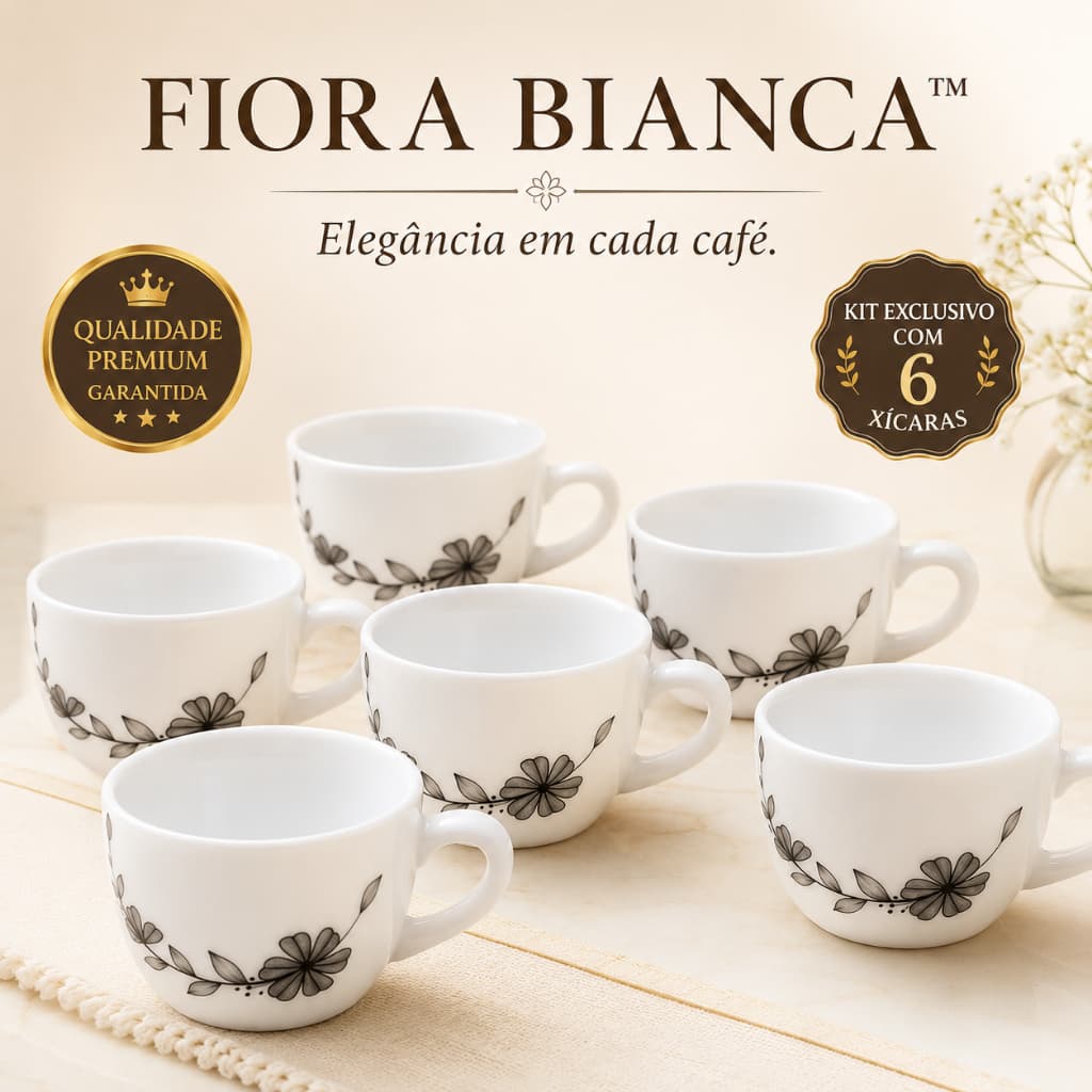 Conjunto 6 Xícaras de Café Vidro Branco Decoradas Floral 130ml para Mesa Posta