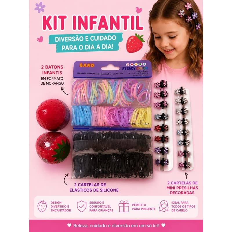 Kit infantil 2 batons moranguinho + presilhas + elásticos