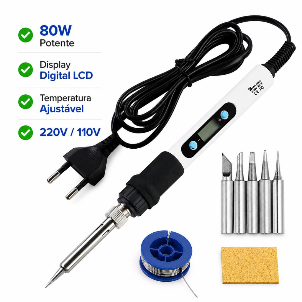 Ferro de Solda Profissional 80W Digital LCD Temperatura Ajustável 110V/220V Kit Completo 5 Pontas