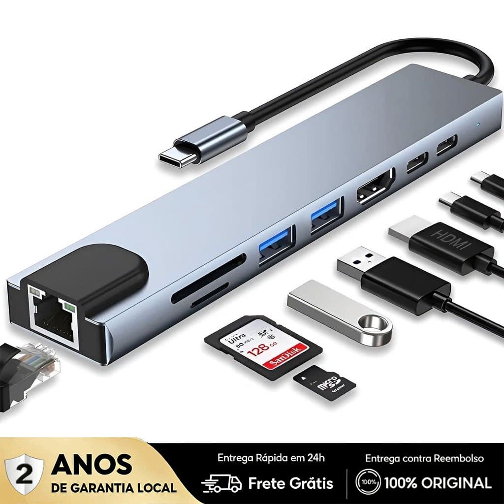 NEW Hub USB-C 8 em 1 USB 2.0/3.0 HDMI 4K RJ45 Rede SD TF Docking Station Extensão Alta Velocidade