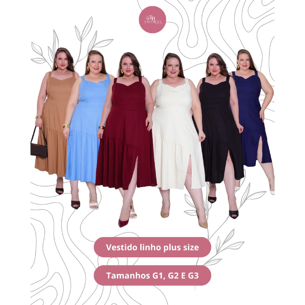 Vestido feminino plus size de tecido linho de alça com detalhe na saia e fenda
