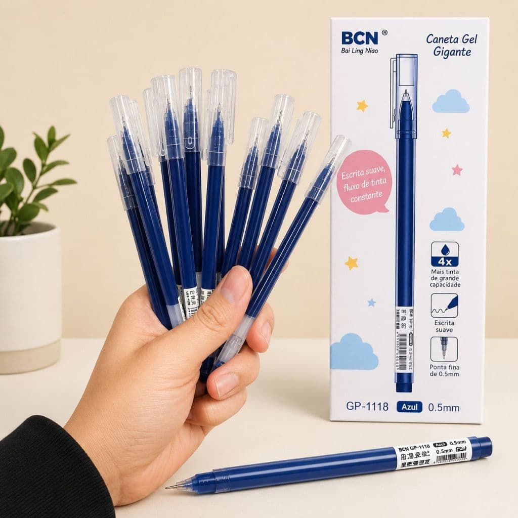 12 Caneta Gel Roller Ball Azul Ponta Fina 0.5mm Tinta Suave Duradoura