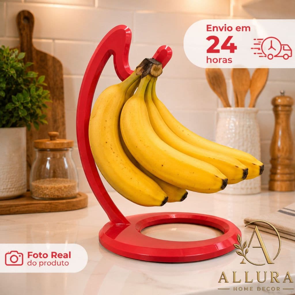 Suporte Para Banana Vermelho Porta Banana Fruteira de Mesa Organizador de Frutas Cozinha Decorativa 26cm