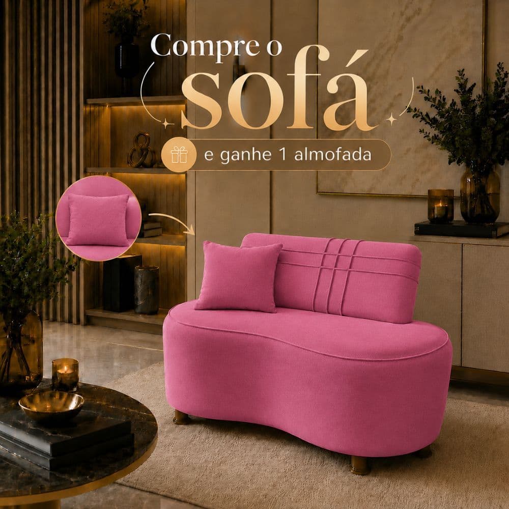 Sofá Puff Compacto Hoseok Confort Luxo 100cm Curvo Orgânico Tecido Macio Suede Rose Rosa Gold