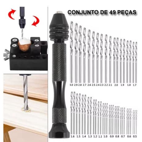 CONJUNTO DE 49 PEÇAS MANDRIL MANUAL E BROCAS PARA ARTESANATO OURIVES DE 0,5 A 3MM EM AÇO RÁPIDO