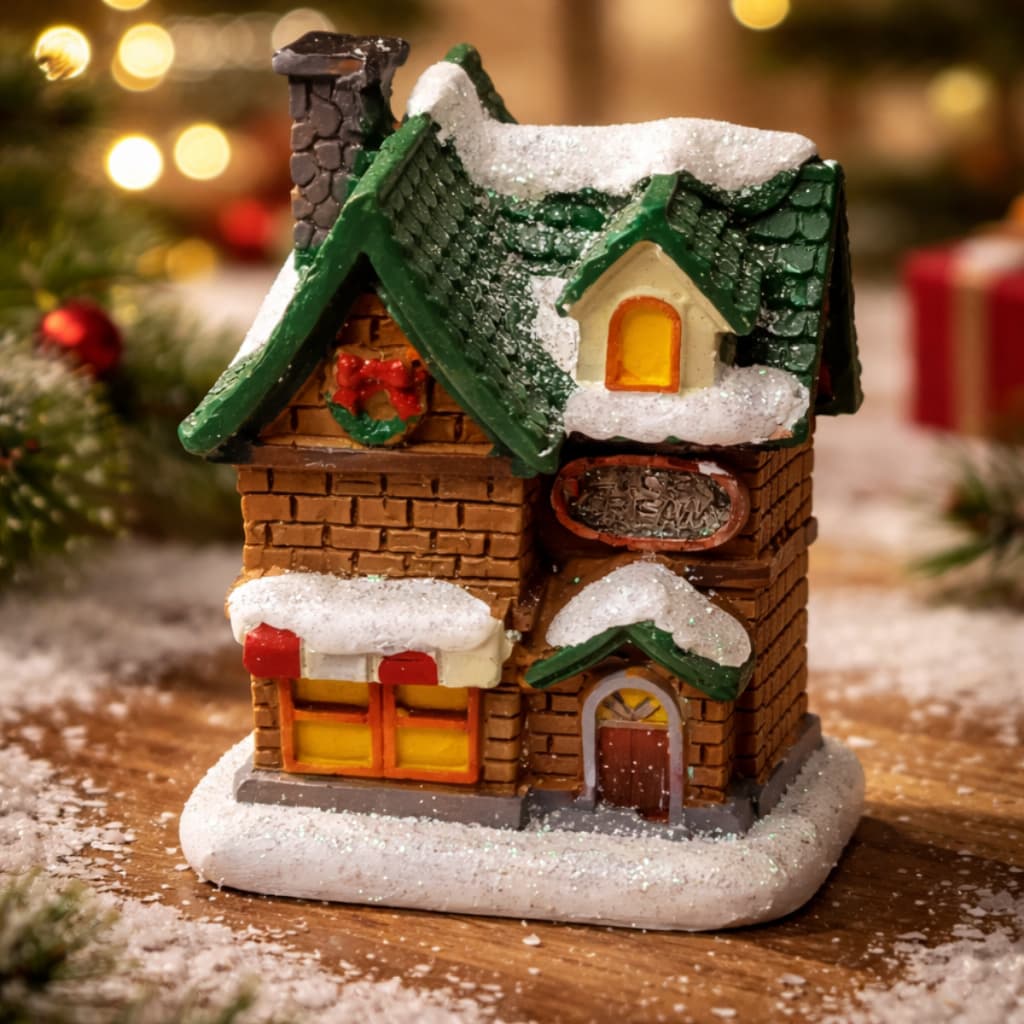 Mini Casinha Vila Natalina Iluminada Neve Decoração Resina