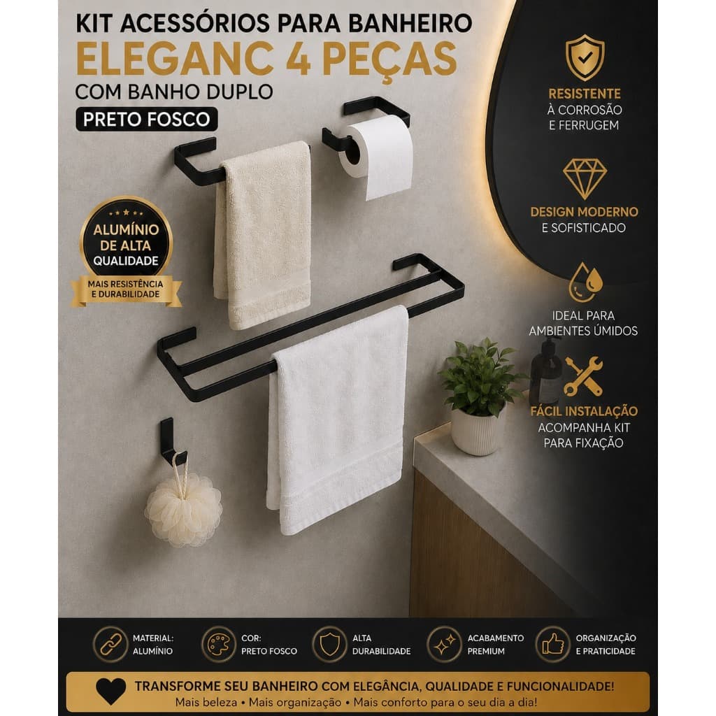 Kit Acessórios Banheiro Preto Fosco 4 Peças Toalheiro Duplo Premium