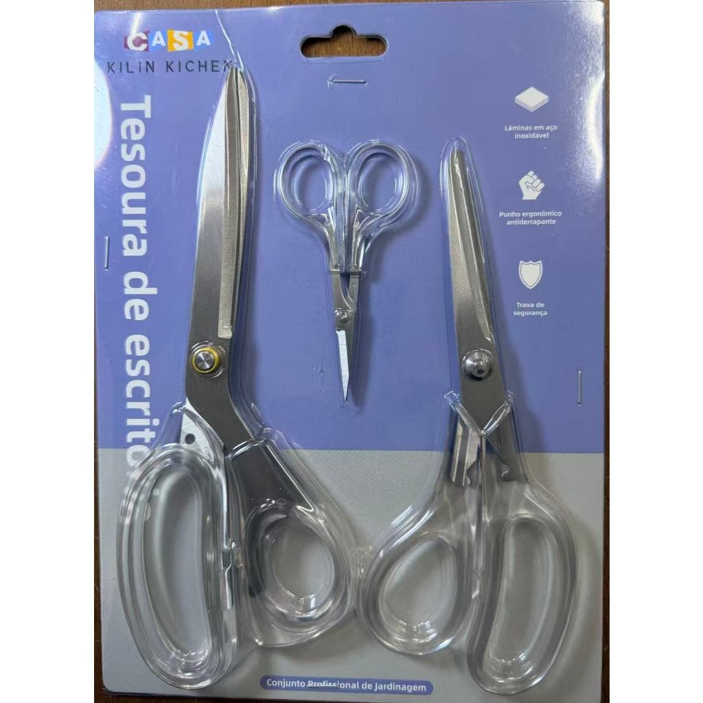 Conjunto de tesouras domésticas/de costura/de escritório em aço inoxidável kit 3, para costurar tecidos.