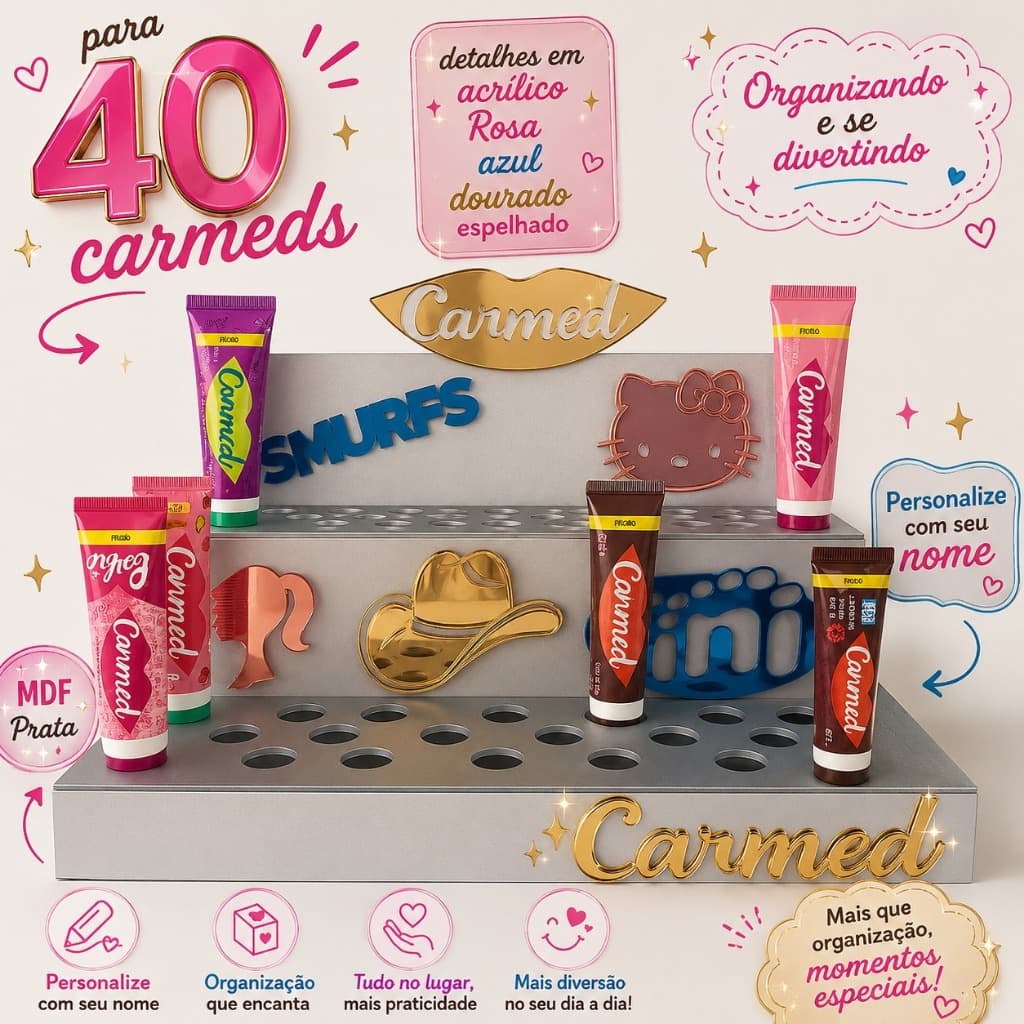 Porta Gloss Carmeds Suporte Expositor MDF Prata Acrílico Espelhado 40 Carmeds Personalize Nome