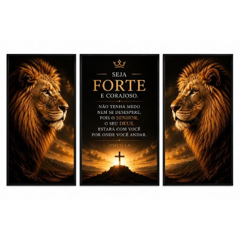 Quadro decorativo 3 peças leão com versículo bíblico seja forte e corajoso frase bíblica