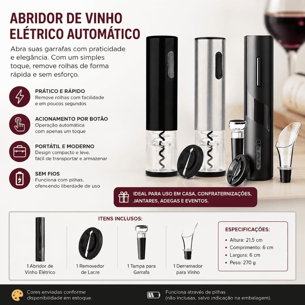 Abridor Elétrico Automático de Rolhas para Garrafas com Kit de Acessórios Portátil