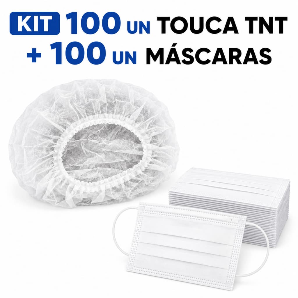 100 Toucas TNT Brancas + 100 Máscaras Descartáveis Kit Completo
