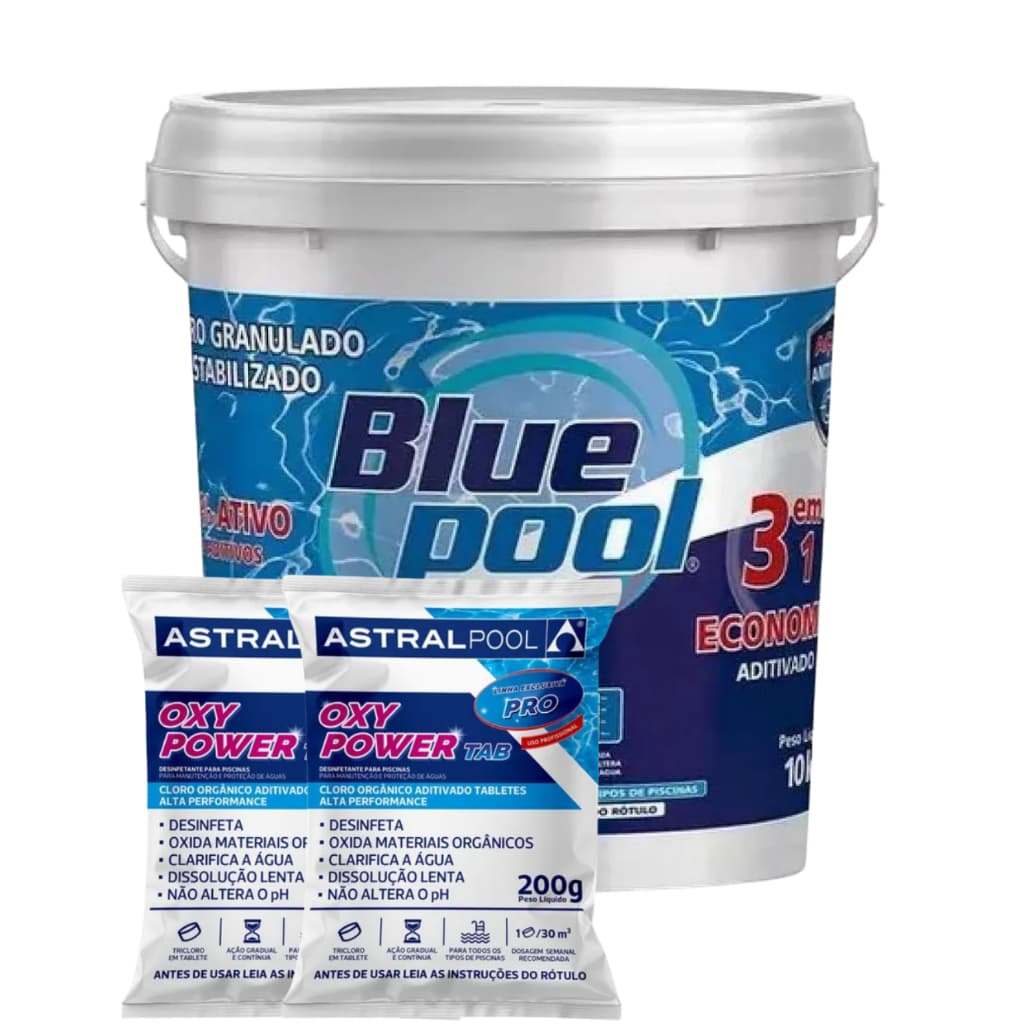 Cloro para Piscina Bluepool Balde 10Kg By Fluidra 3 em 1 + 02 Tablete de Cloro 200g Astral Pool