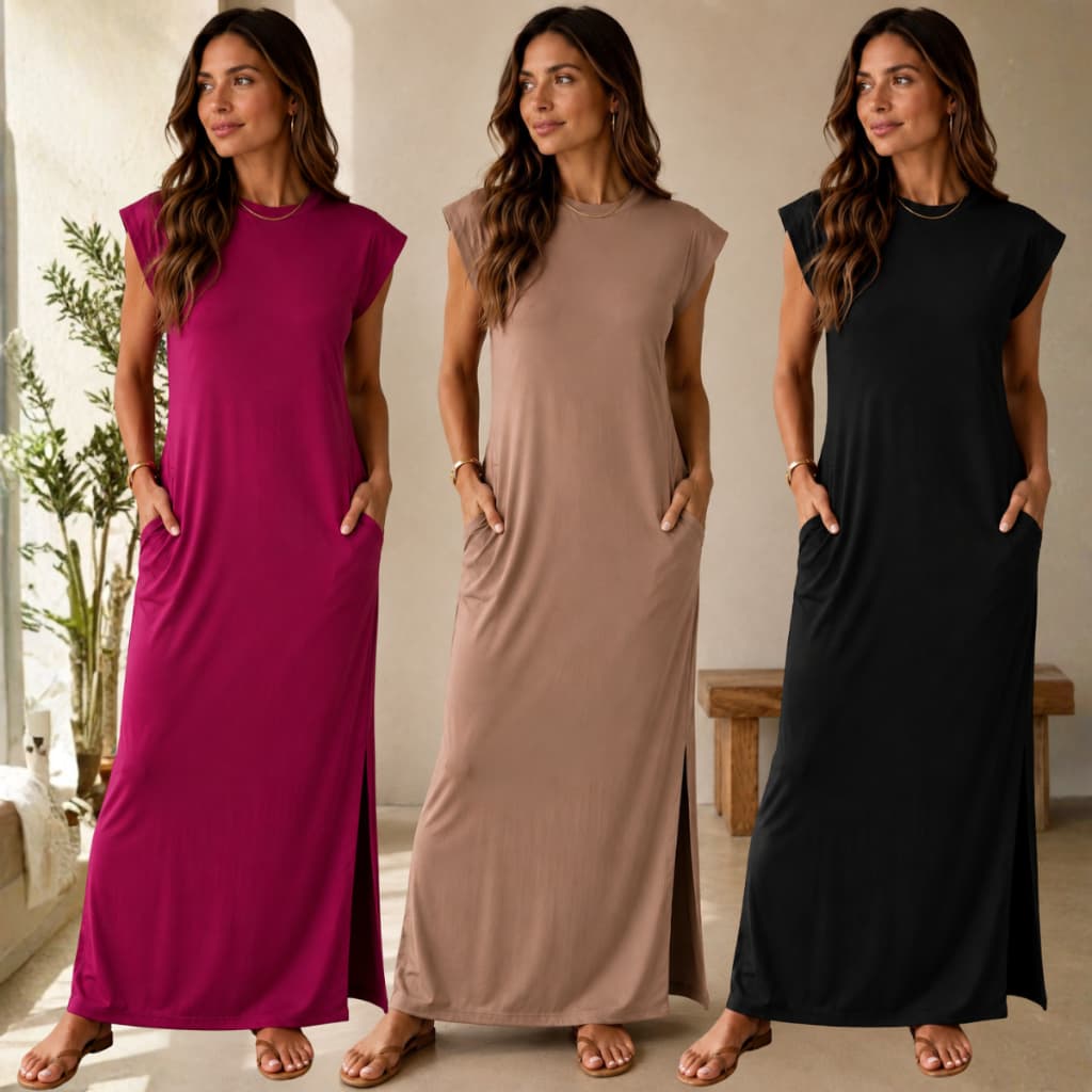 Vestido Longo Casual Basico Feminino Ribana Canelada Manga Muscle Moda Gringa Versatil Toque Algodão