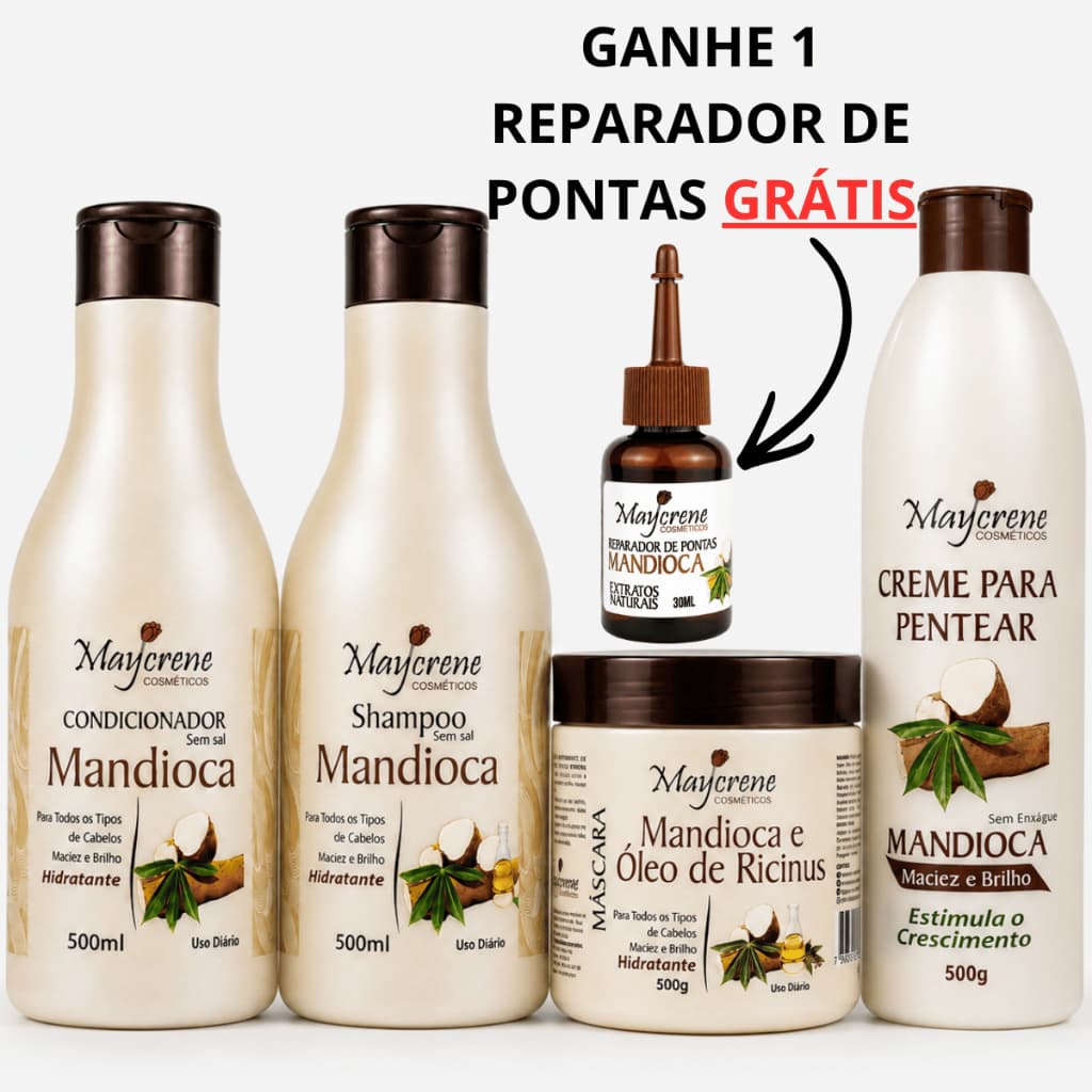 Kit Mandioca Shampoo Condicionador Máscara Creme de Pentear Crescimento Hidratação Maycrene