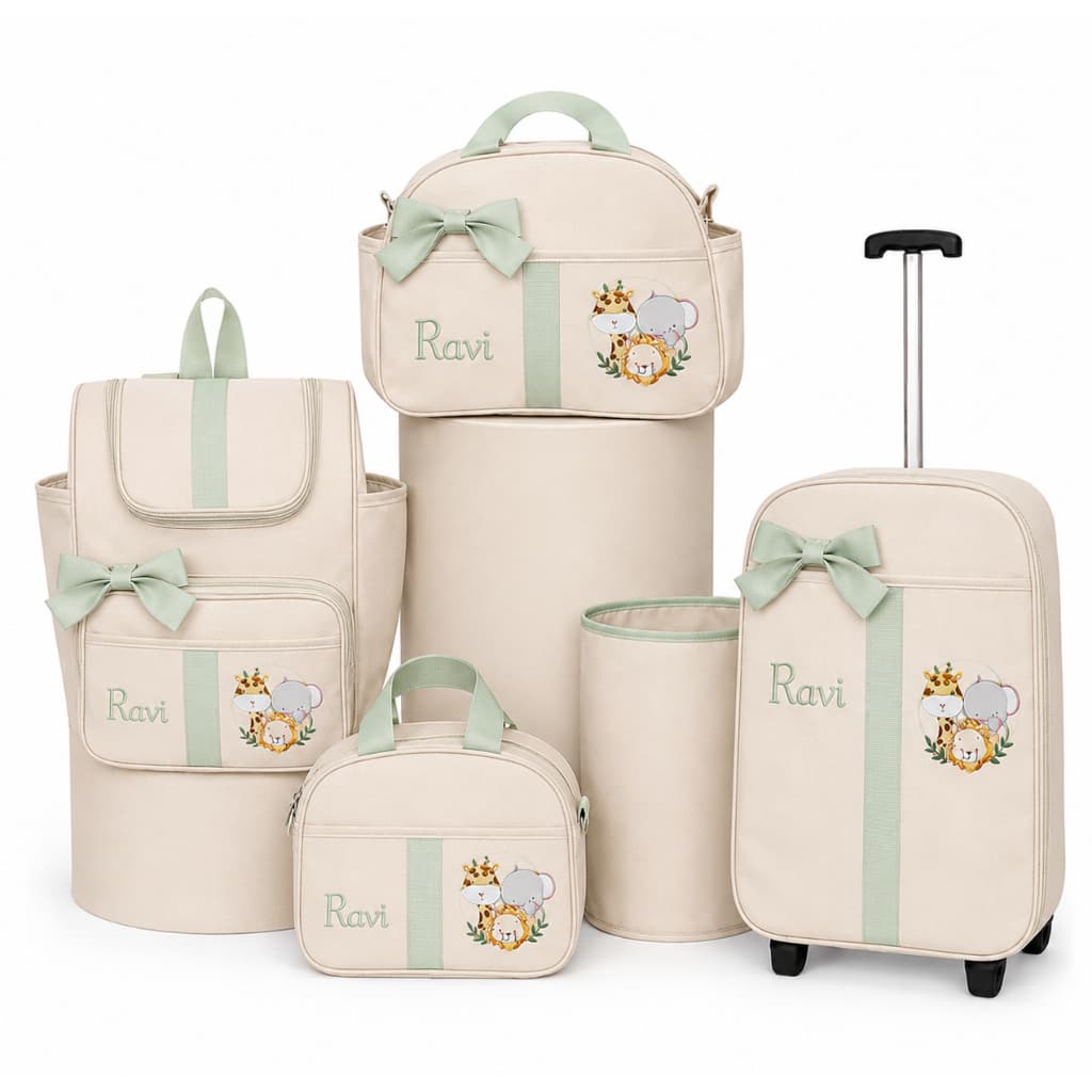 Bolsa Maternidade 4 Peças Mala Mochila Luxo Mala de Rodinha Laço Chaveiro Coleção Safari