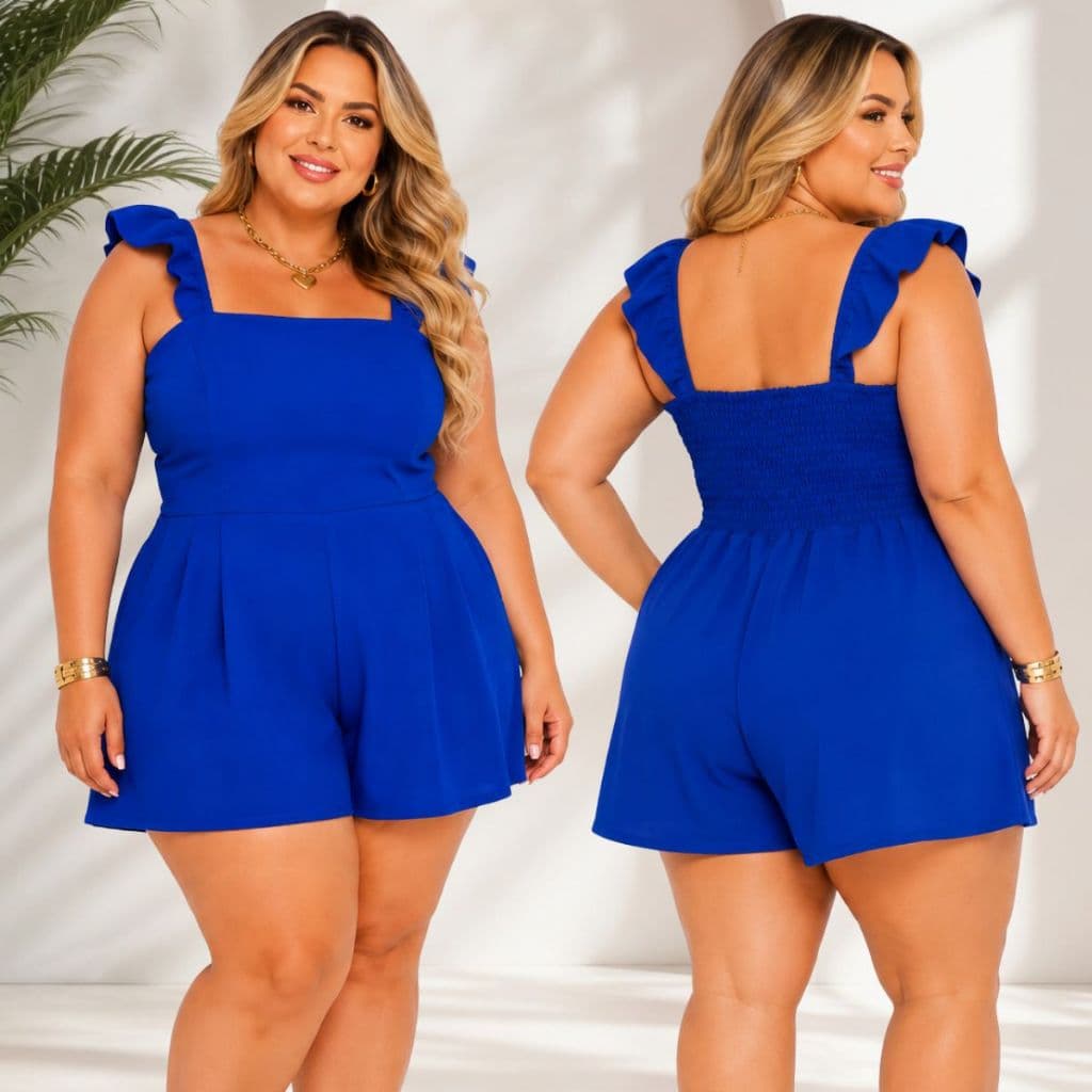 Macaquinho Plus Size Feminino Com Lastex Nas Costas e Babado Elegante Decote Quadrado Soltinho Curto Com Alça Babado