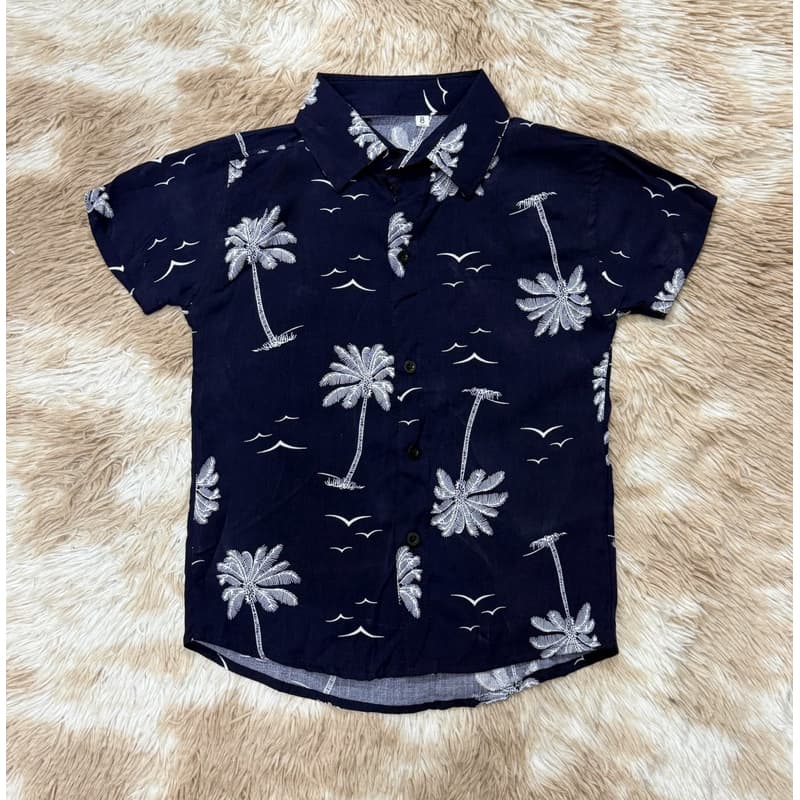 Camisa Social Infantil Menino Estampa Florido Coqueiro Com Passarinho Azul Tecido Confortável