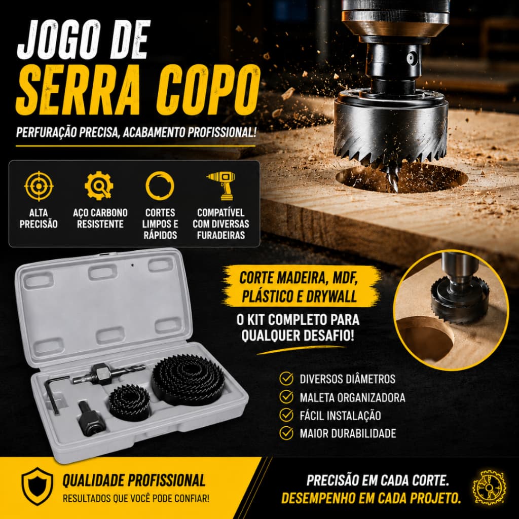 Kit Jogo Serra Copo Diversas Medidas Madeira Gesso PVC MDF Furação Precisa Broca Piloto Profissional