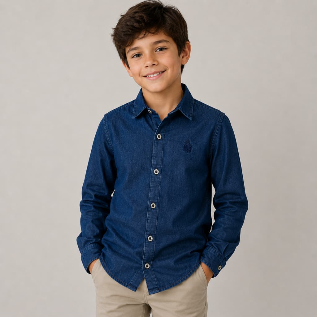 Camisa Jeans Infantil Manga Longa 100% Algodão Confortável Do 4 ao 16