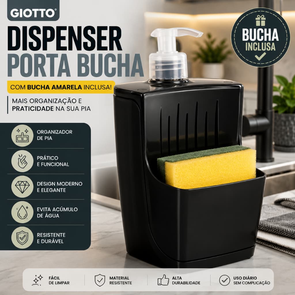 Dispenser Porta Bucha Detergente Cozinha Preto Organizador Pia Giotto + Bucha Inclusa