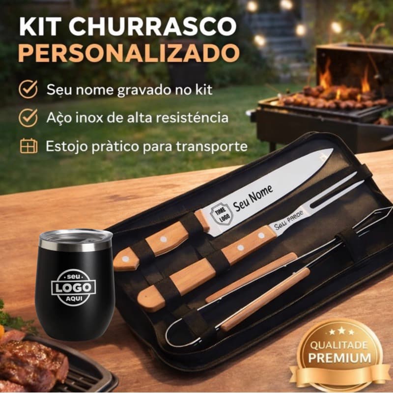 Kit Churrasco Personalizado 3 Peças em Aço Inox + Estojo | Com ou Sem Copo Cuia Térmico 360ml Gravado Nome/Logo/Time