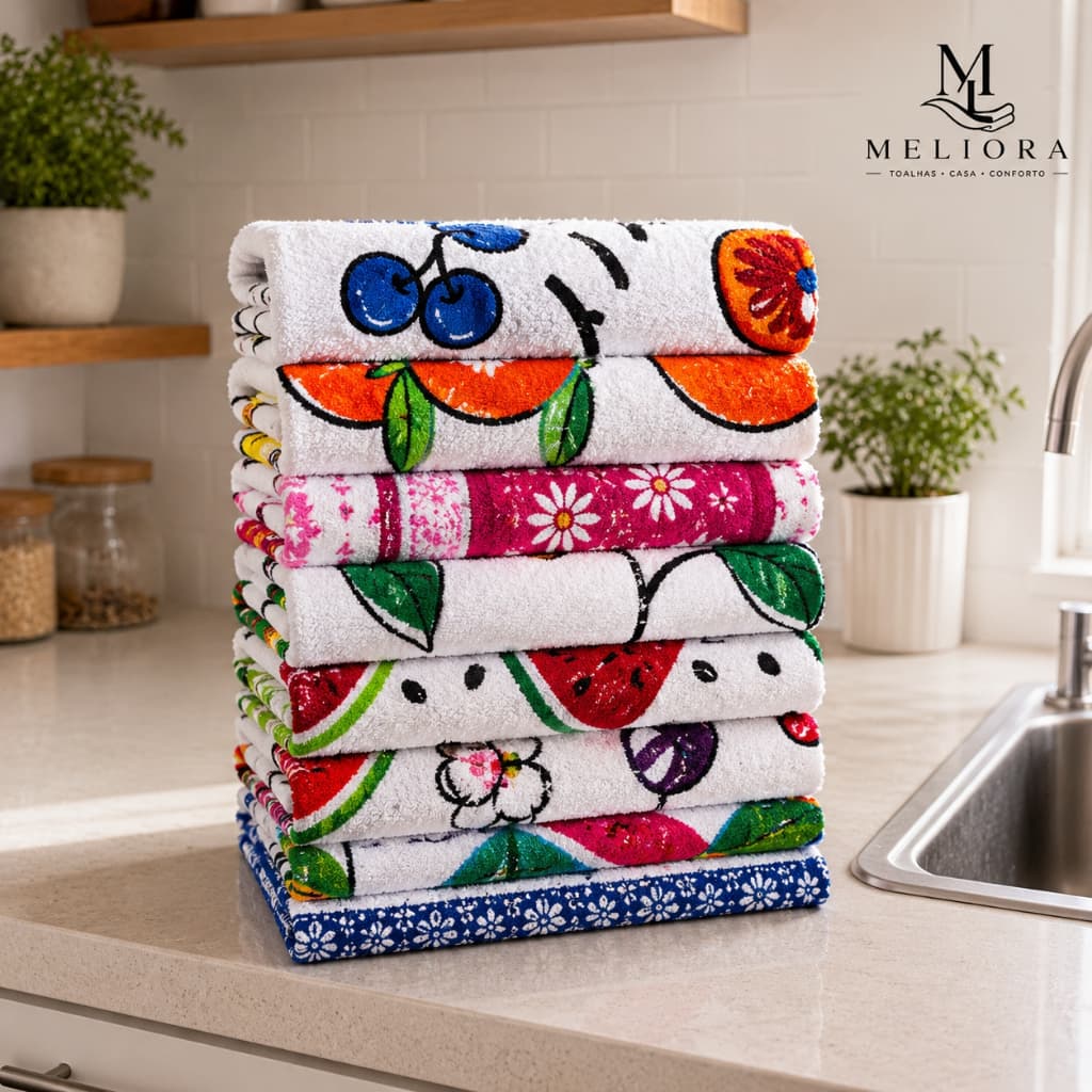 Kit Econômico 10 Panos de Prato Felpudos Estampados Algodão Alta Absorsão Premium Estampas Variadas