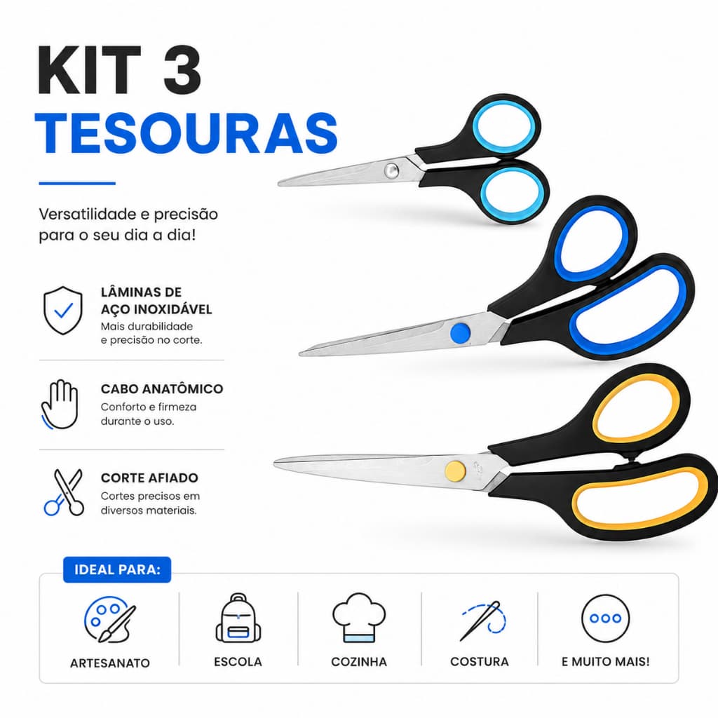 Kit 3 Tesouras Multiuso Aço Inoxidável Profissional para Escola Artesanato Costura e Cozinha