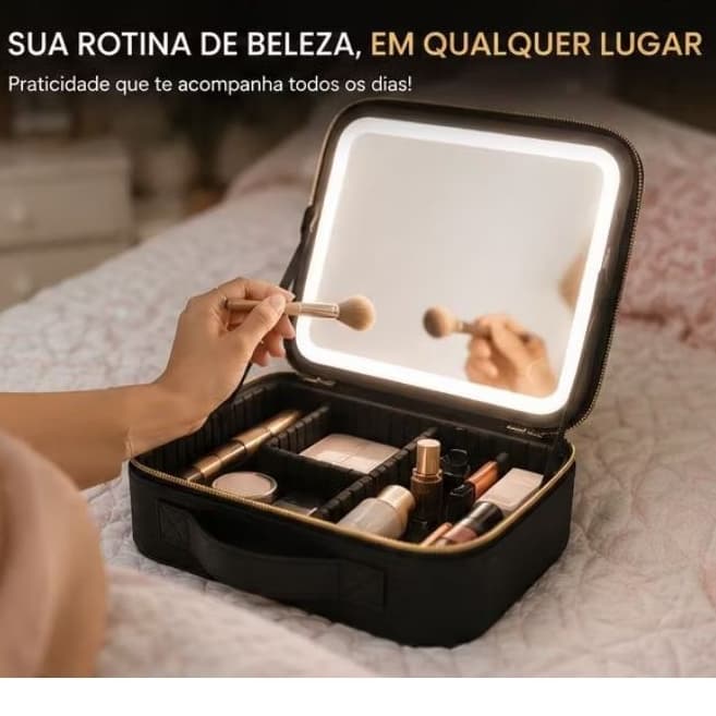 Maleta C/ Espelho LED com Organizador de Maquiagem Maleta Preta com Zíper Dourado Recarregável 3 Tons de Luz